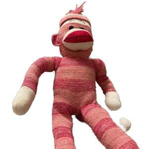 Schylling Sock Monkey Red Pink White Stripe With Hat Plush Stuffed Animal 22"